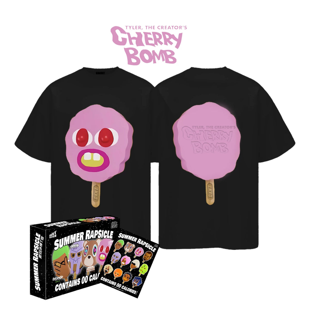 Black Summer Rapsicle T-Shirt with Tyler Cherry Bomb popsicle graphics, front and back
