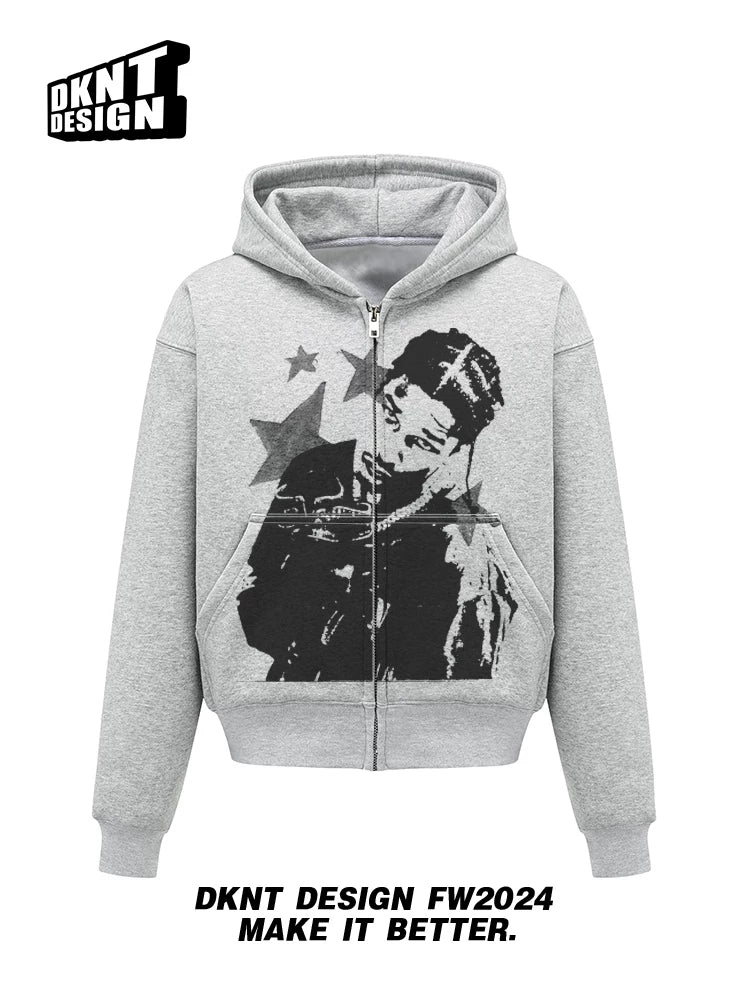 Unisex Y2K Star Washed Distressed Fleece Pullover Hoodie