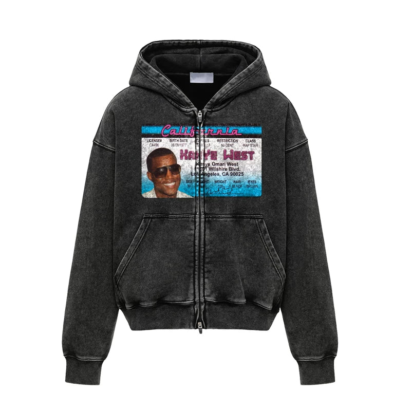 Unisex Kanye Y2K Washed Distressed Zip-Up Hoodie
