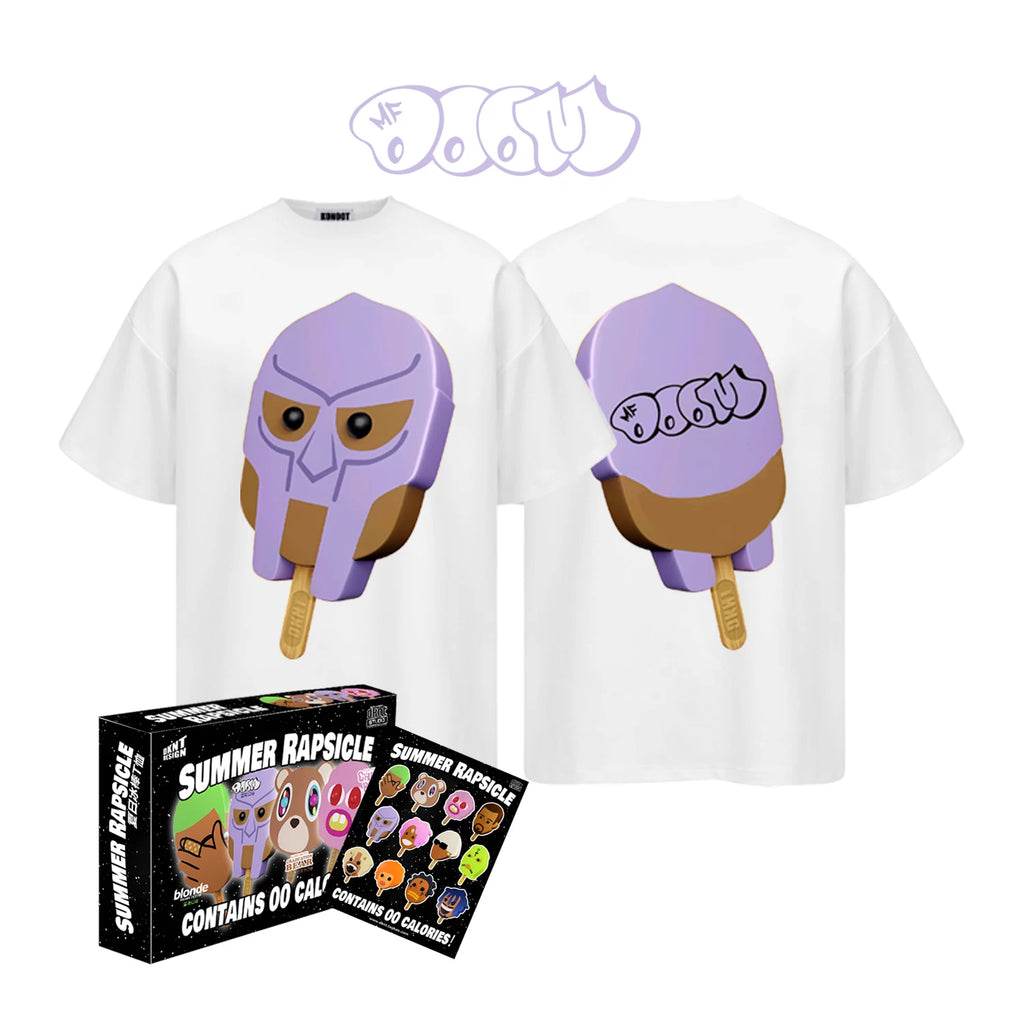 White Summer Rapsicle T-Shirt with Doom popsicle graphics, front and back