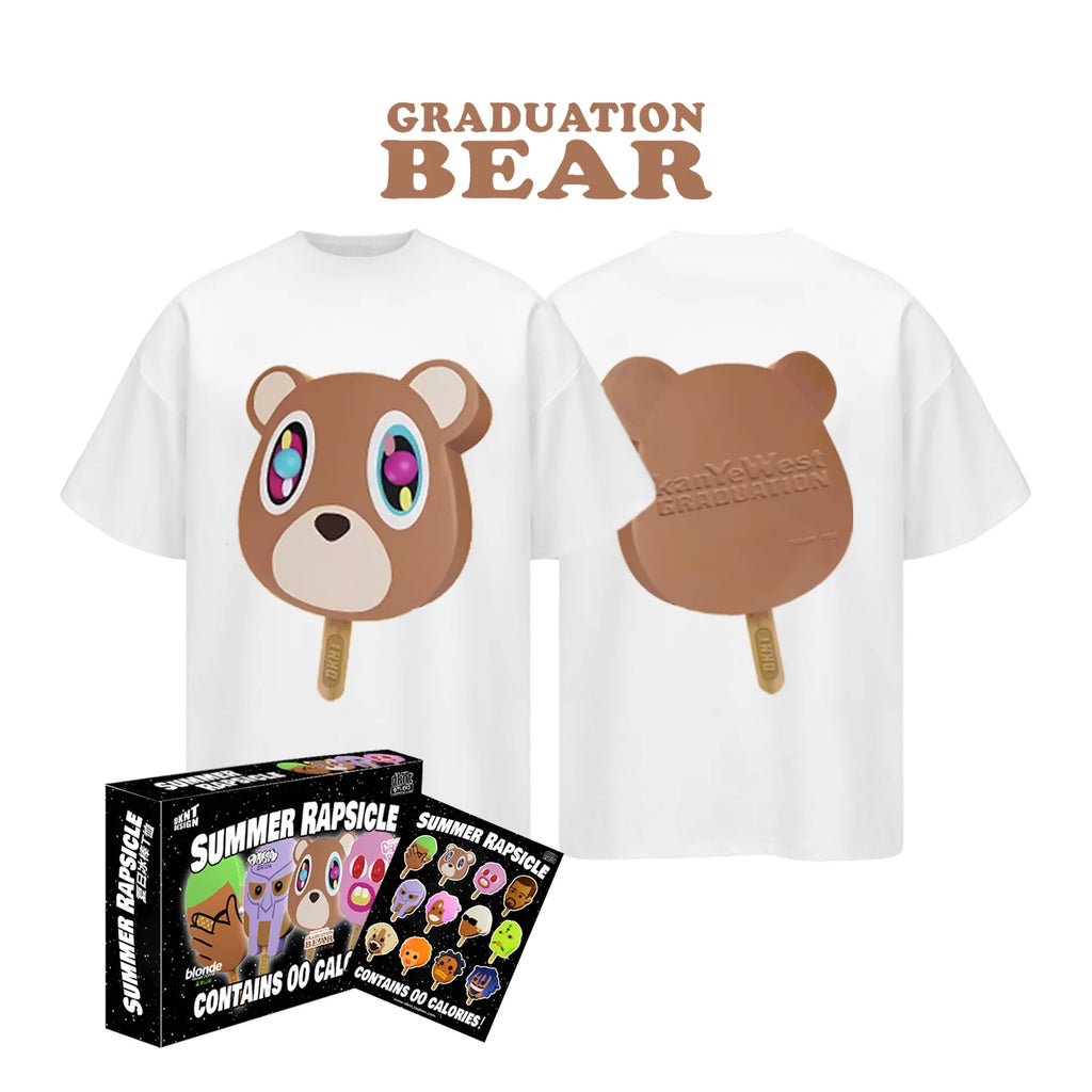 White Summer Rapsicle T-Shirt with Dropout Bear popsicle graphics, front and back