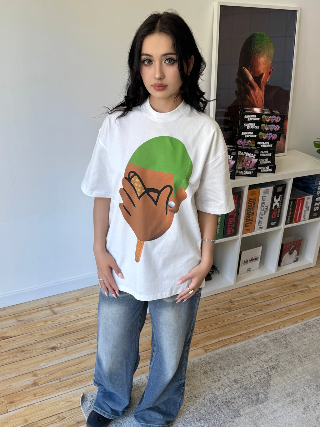 Model wearing the white Blonde Summer Rapsicle T-Shirt