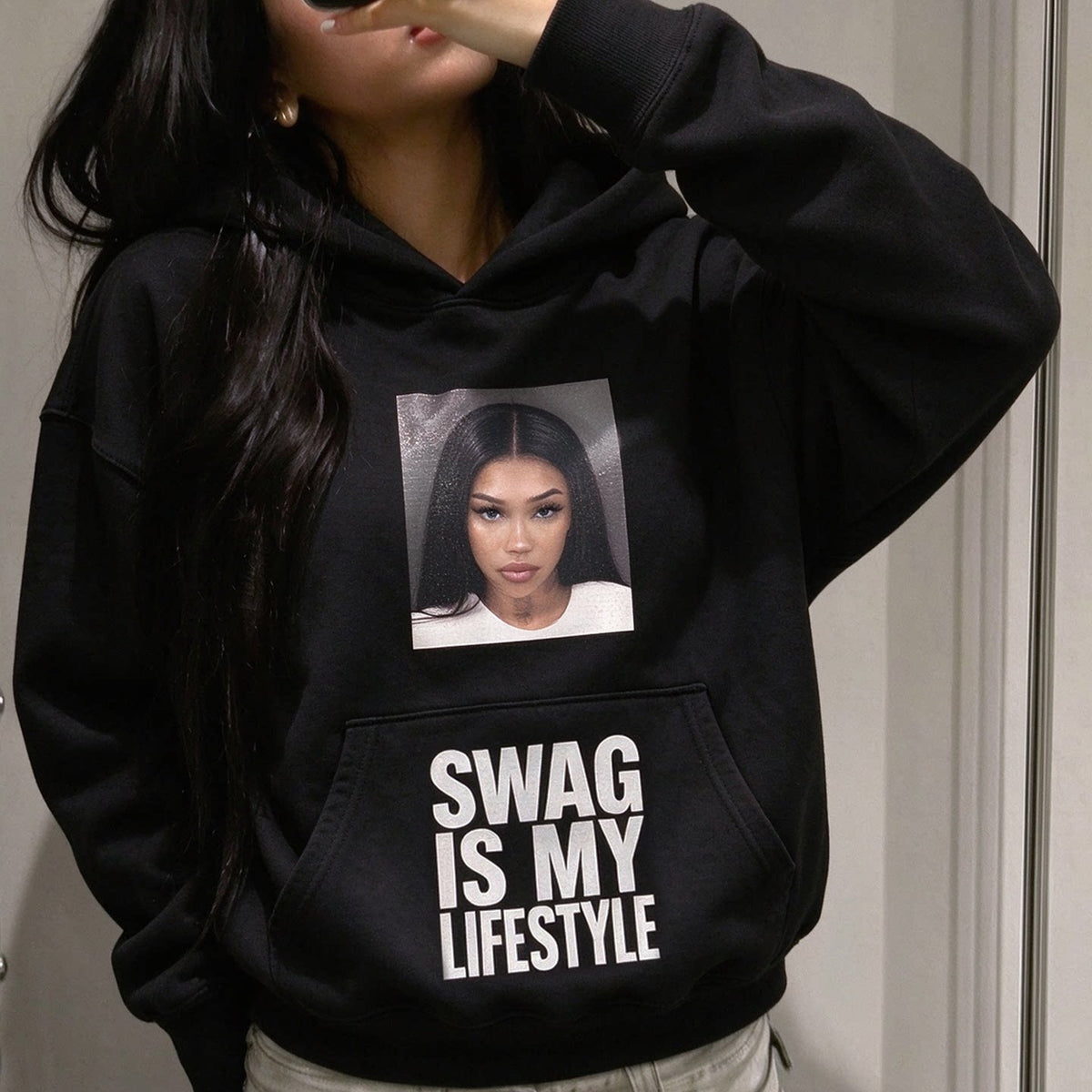 Unisex Y2K Portrait SWAG Slogan Fleece Pullover Hoodie