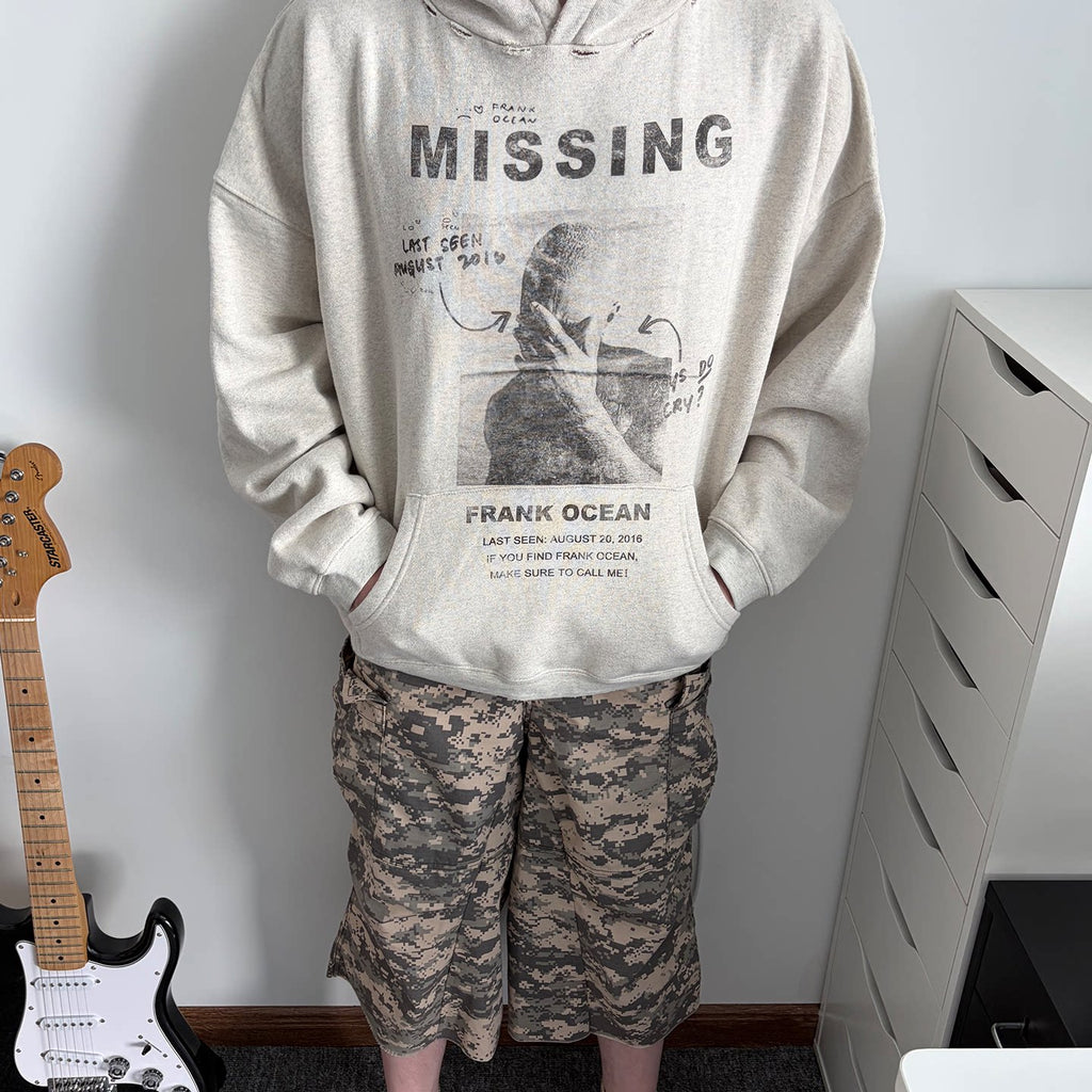 Unisex Frank Ocean Washed Distressed Fleece Pullover Hoodie