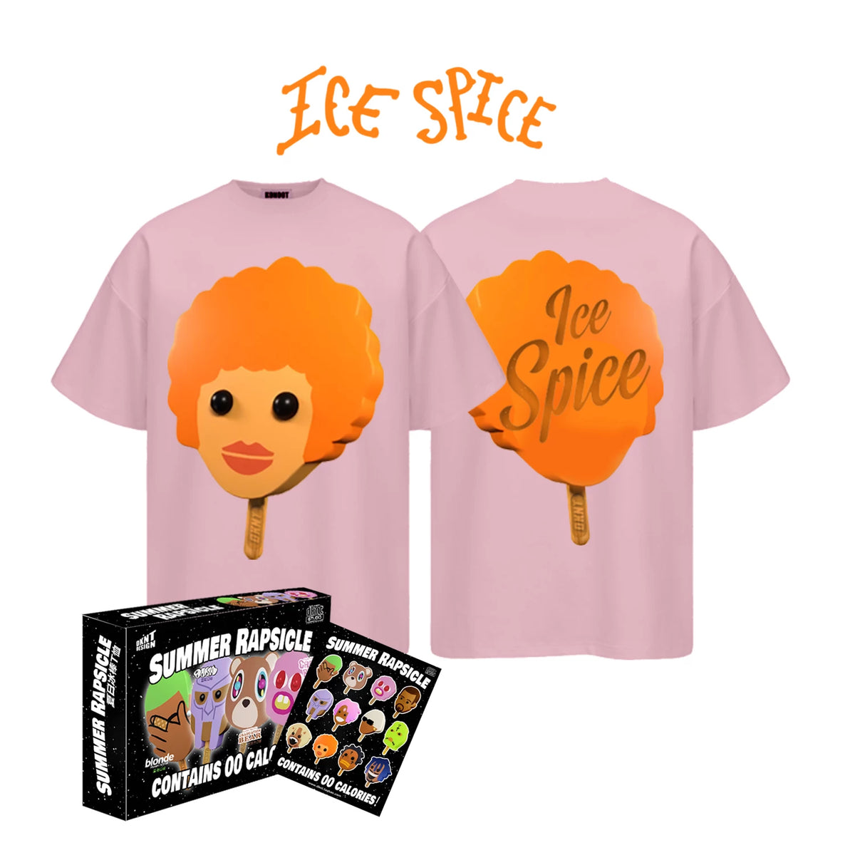 Pink Summer Rapsicle T-Shirt with Ice Spice popsicle graphics, front and back
