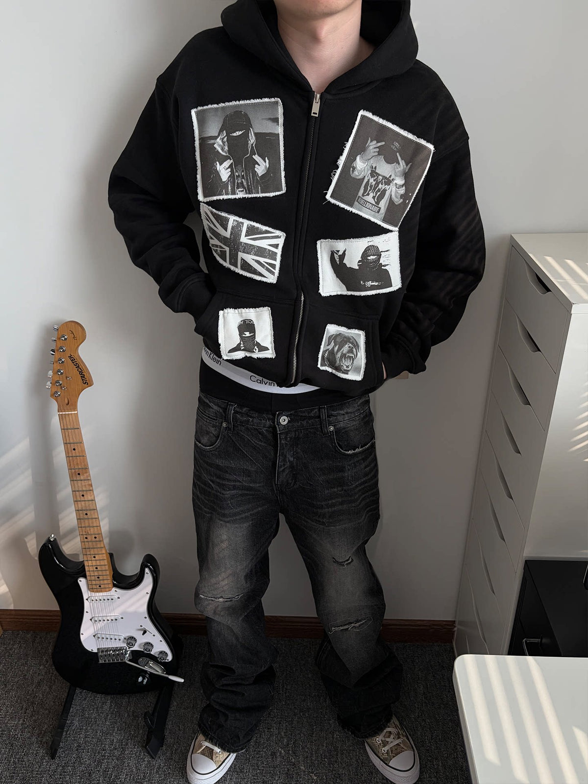 Unisex Vintage Y2K Portrait Patchwork Fleece Cardigan Hoodie