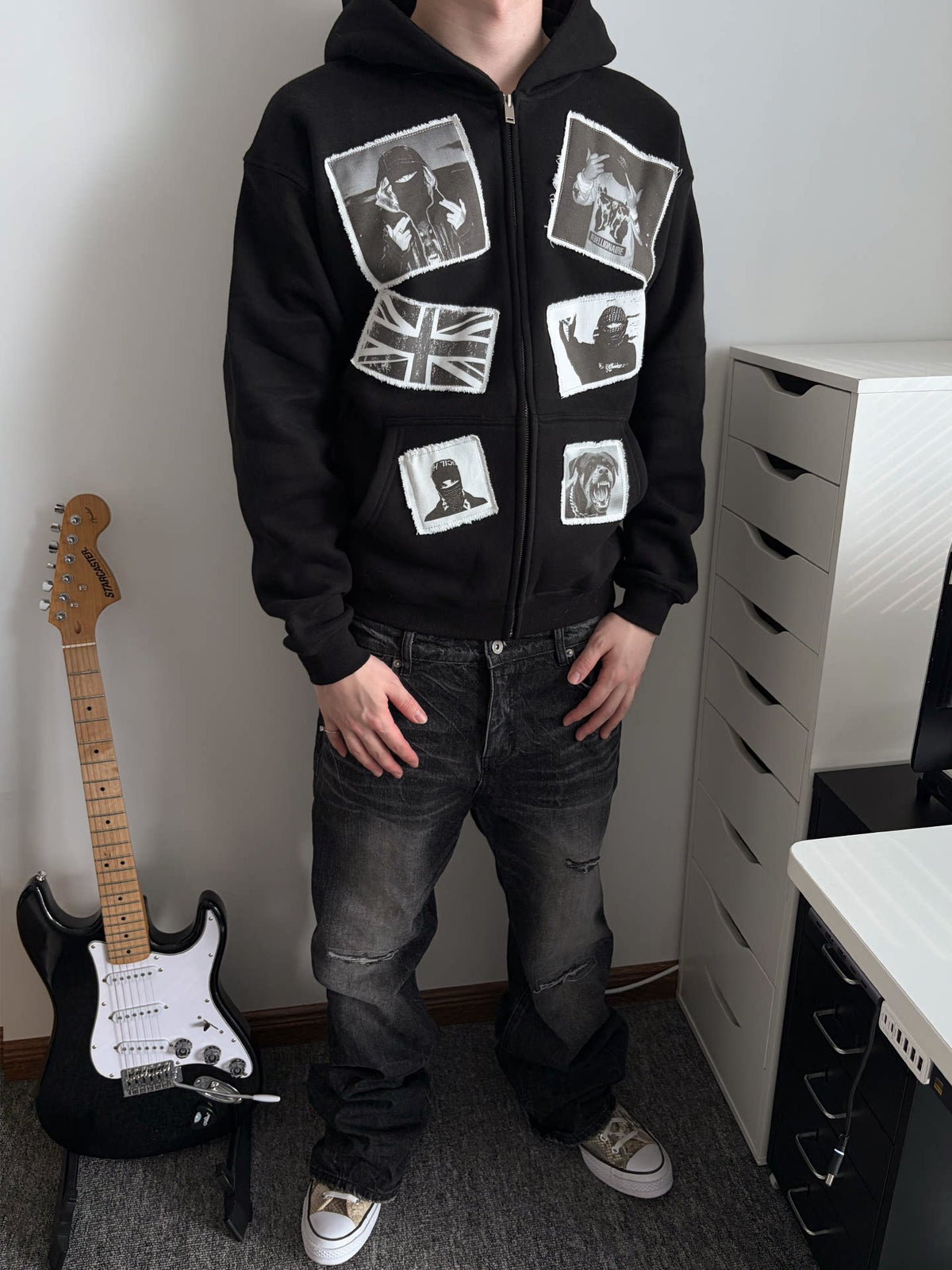 Unisex Vintage Y2K Portrait Patchwork Fleece Cardigan Hoodie