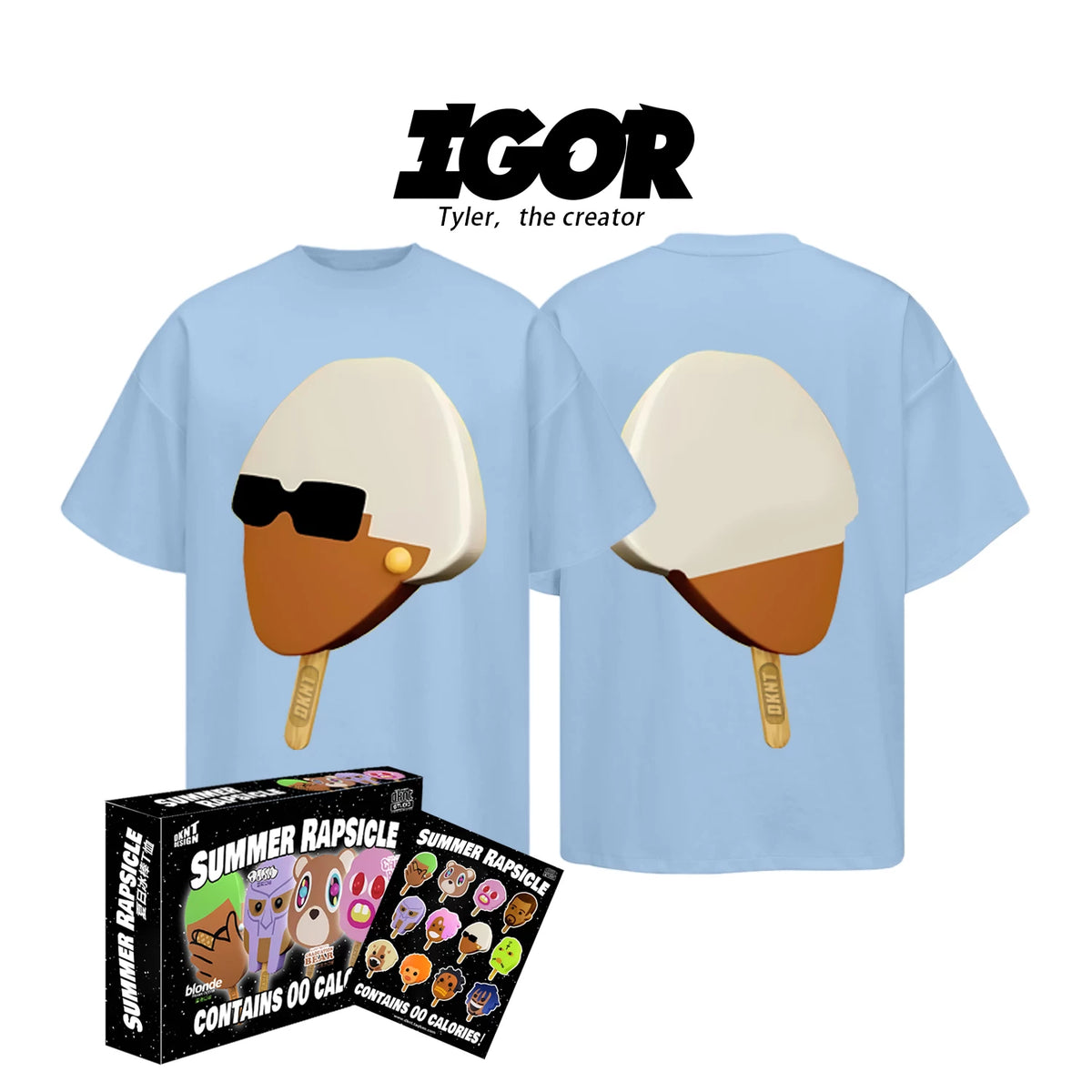 Blue Summer Rapsicle T-Shirt with Igor popsicle graphics, front and back
