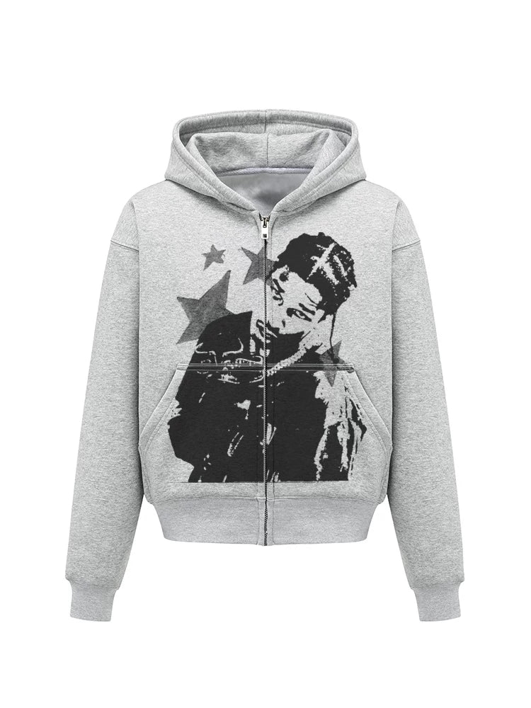 Unisex Y2K Star Washed Distressed Fleece Pullover Hoodie