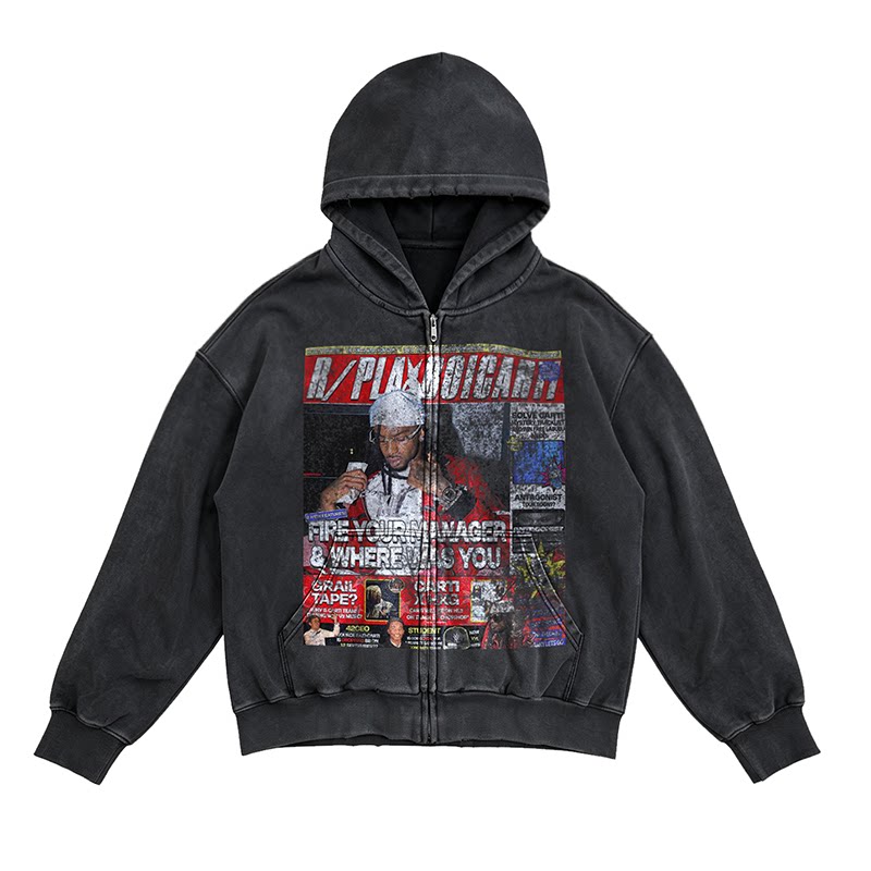 Unisex Playboi Carti YVL Vintage Washed Fleece Zip Hoodie