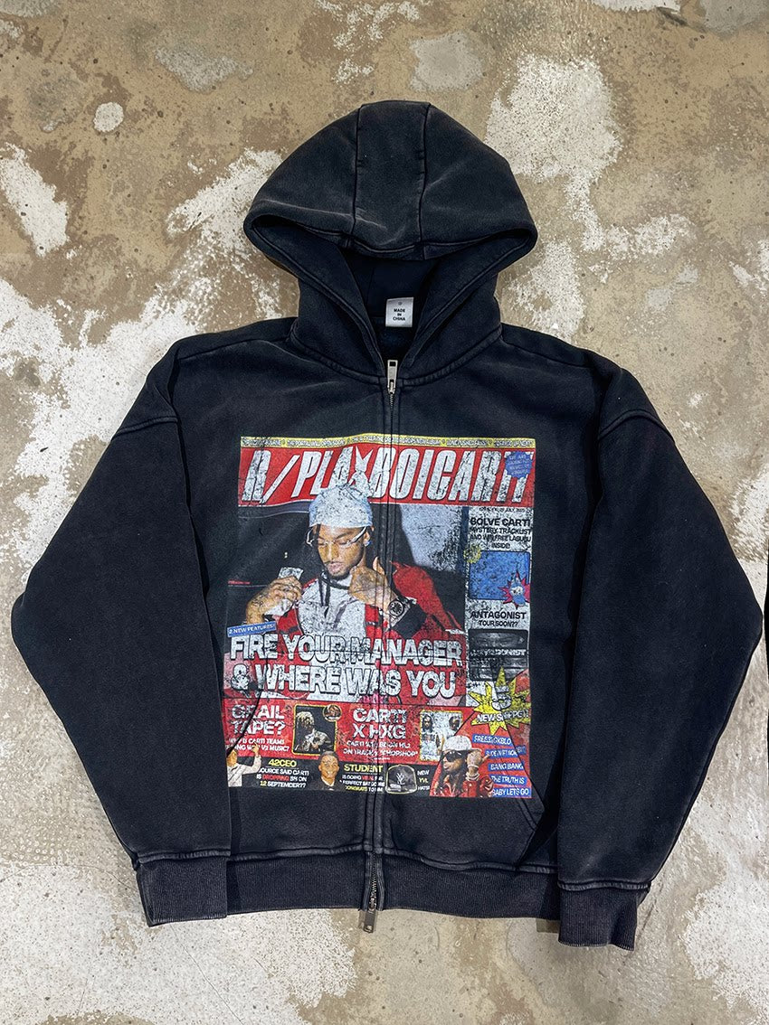 Unisex Playboi Carti YVL Vintage Washed Fleece Zip Hoodie