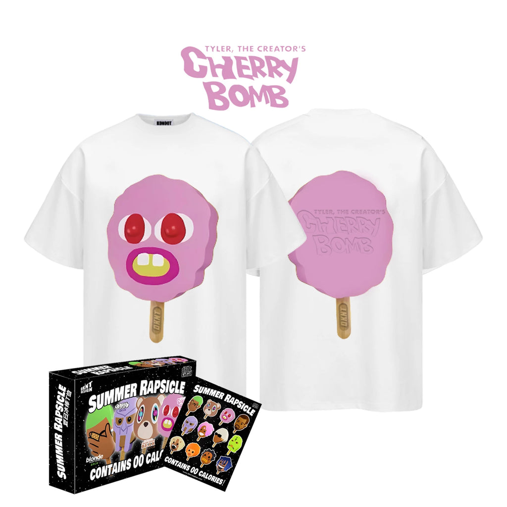 White Summer Rapsicle T-Shirt with Tyler Cherry Bomb popsicle graphics, front and back