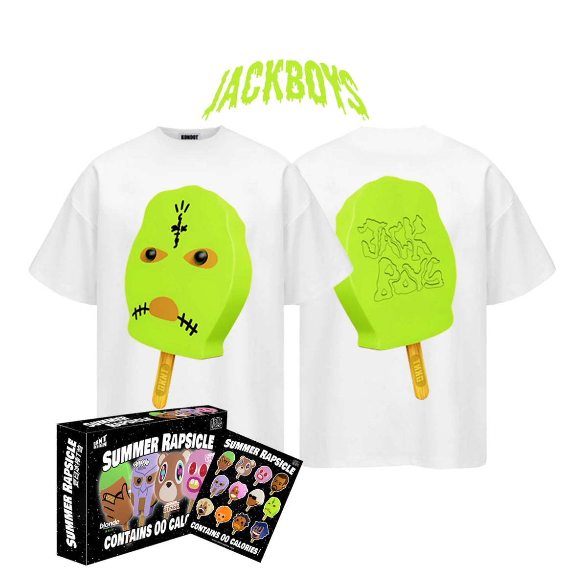 White Summer Rapsicle T-Shirt with Jackboy popsicle graphics, front and back