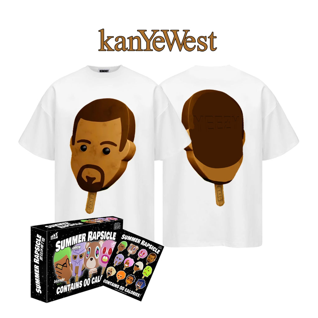White Summer Rapsicle T-Shirt with Kanye popsicle graphics, front and back