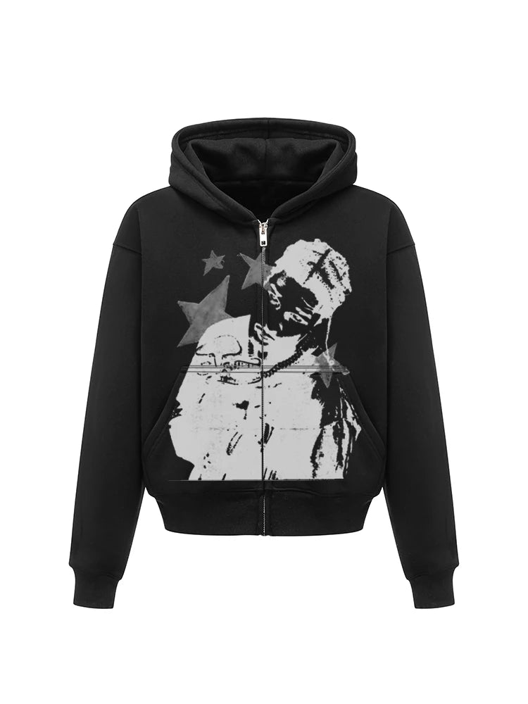 Unisex Y2K Star Washed Distressed Fleece Pullover Hoodie