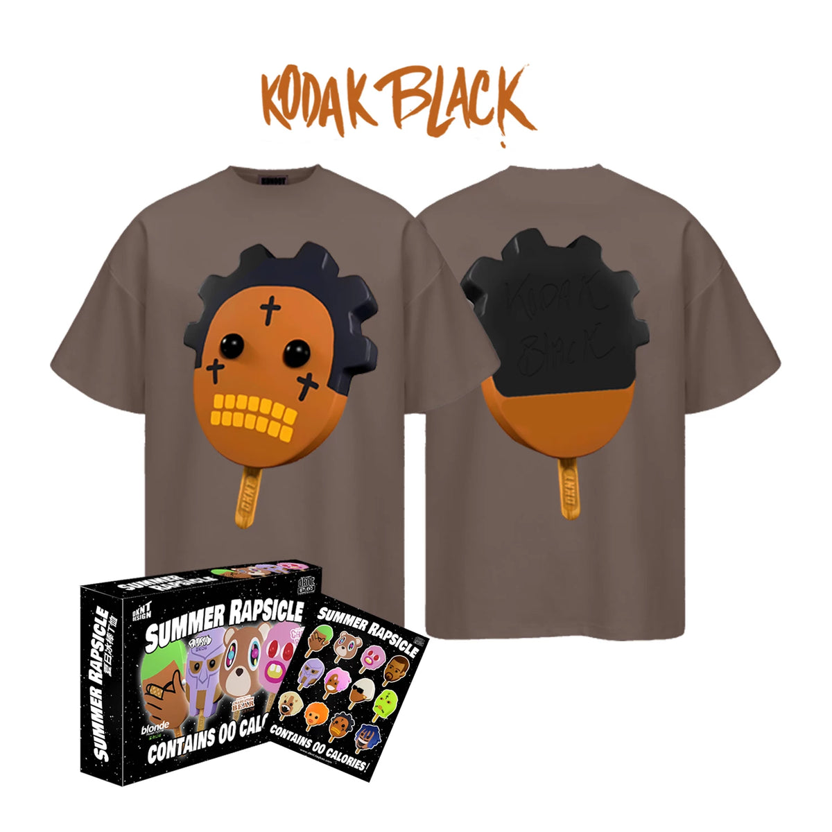 Coffee-brown Summer Rapsicle T-Shirt with Kodak Black popsicle graphics, front and back