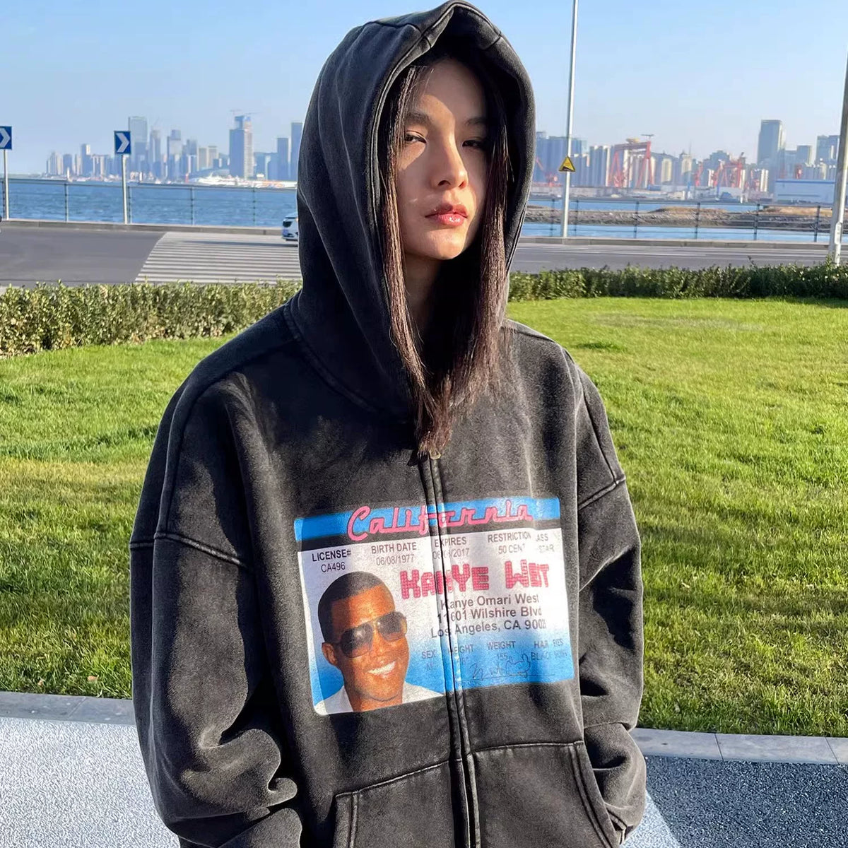 Unisex Kanye Y2K Washed Distressed Zip-Up Hoodie