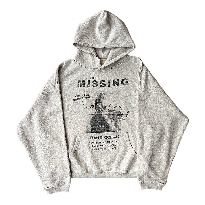 Unisex Frank Ocean Washed Distressed Fleece Pullover Hoodie