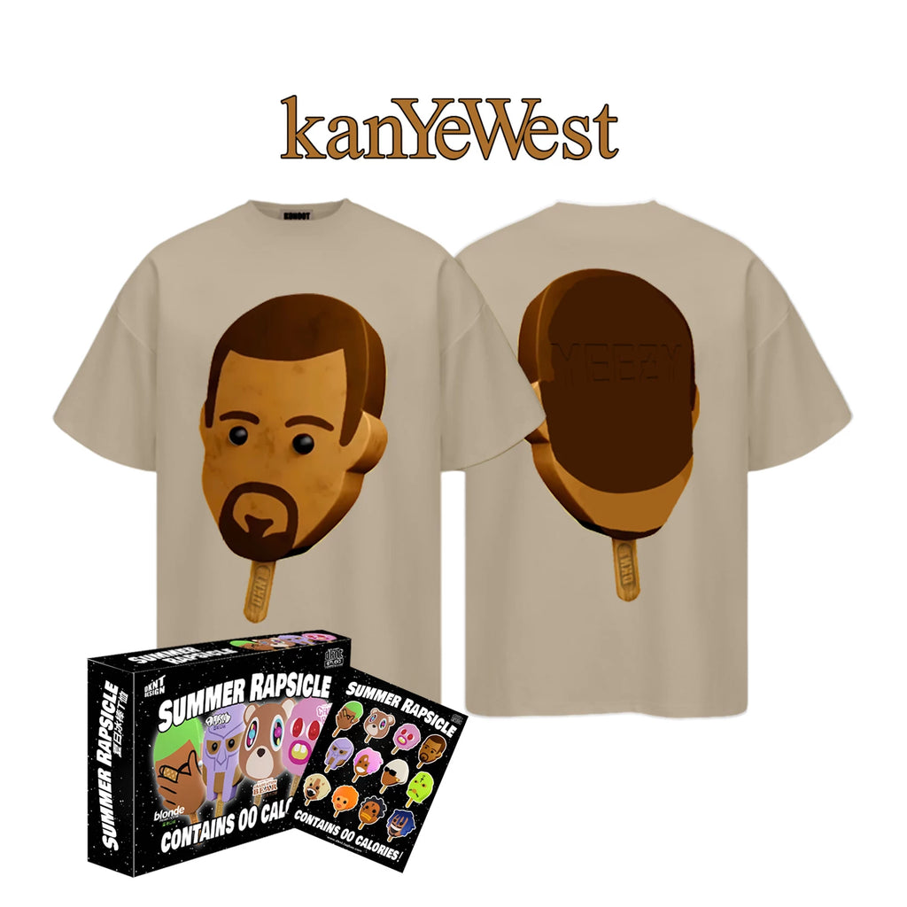 Sand Summer Rapsicle T-Shirt with Kanye popsicle graphics, front and back