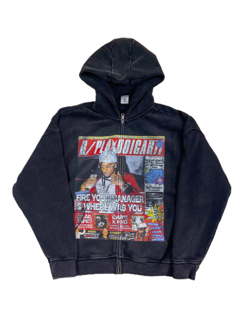 Unisex Playboi Carti YVL Vintage Washed Fleece Zip Hoodie