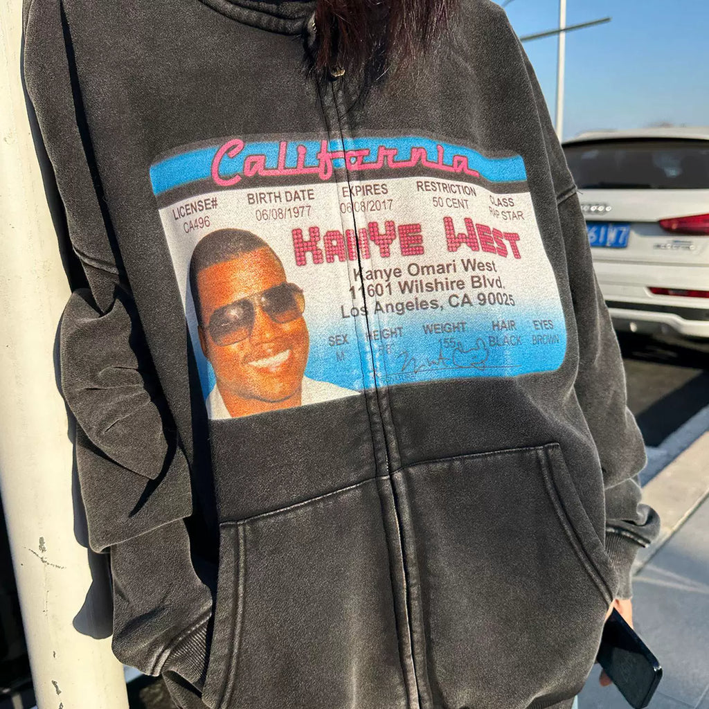 Unisex Kanye Y2K Washed Distressed Zip-Up Hoodie