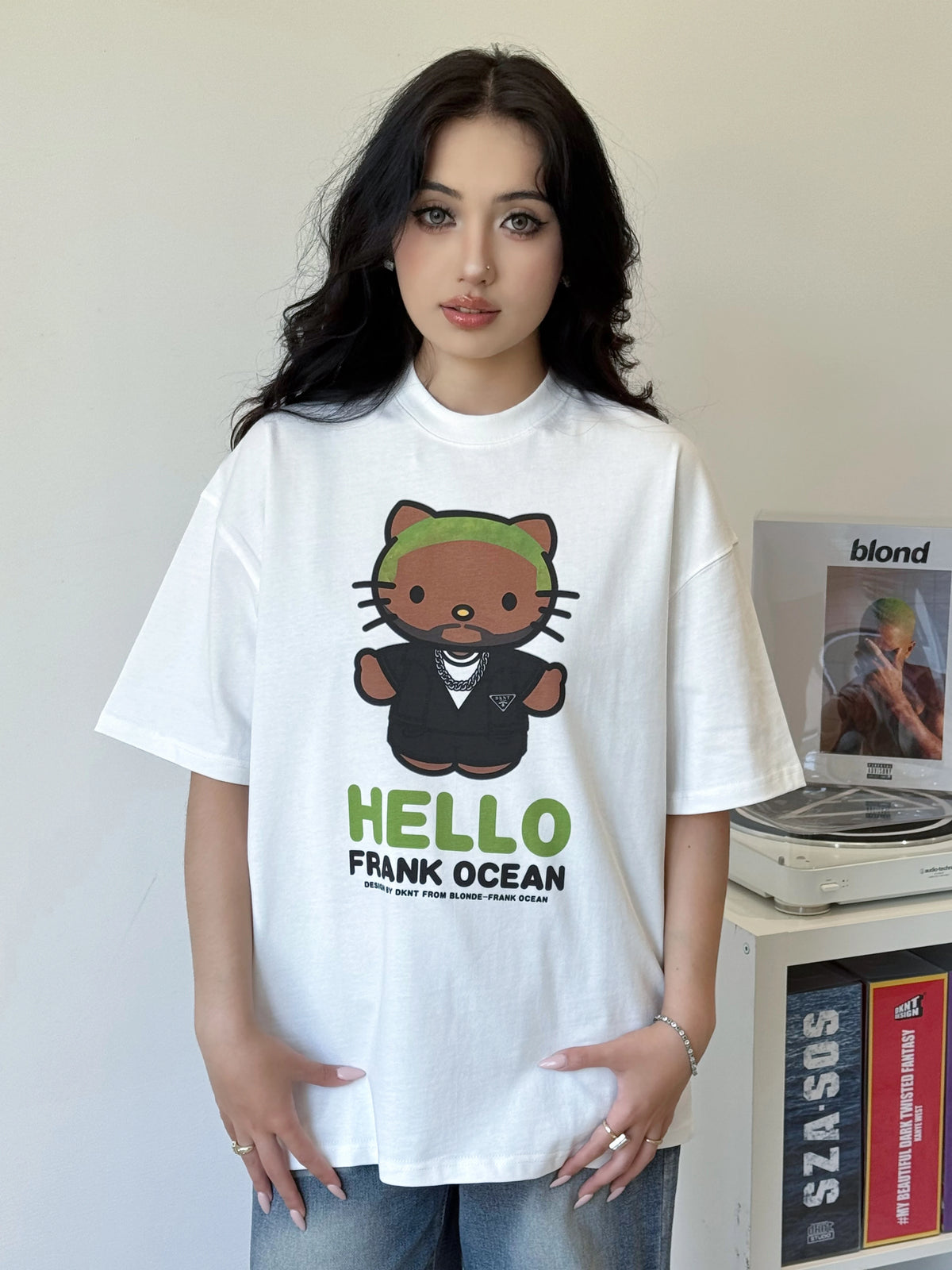 Unisex Kitty Rapper Cartoon American Streetwear Heavyweight T-Shirt