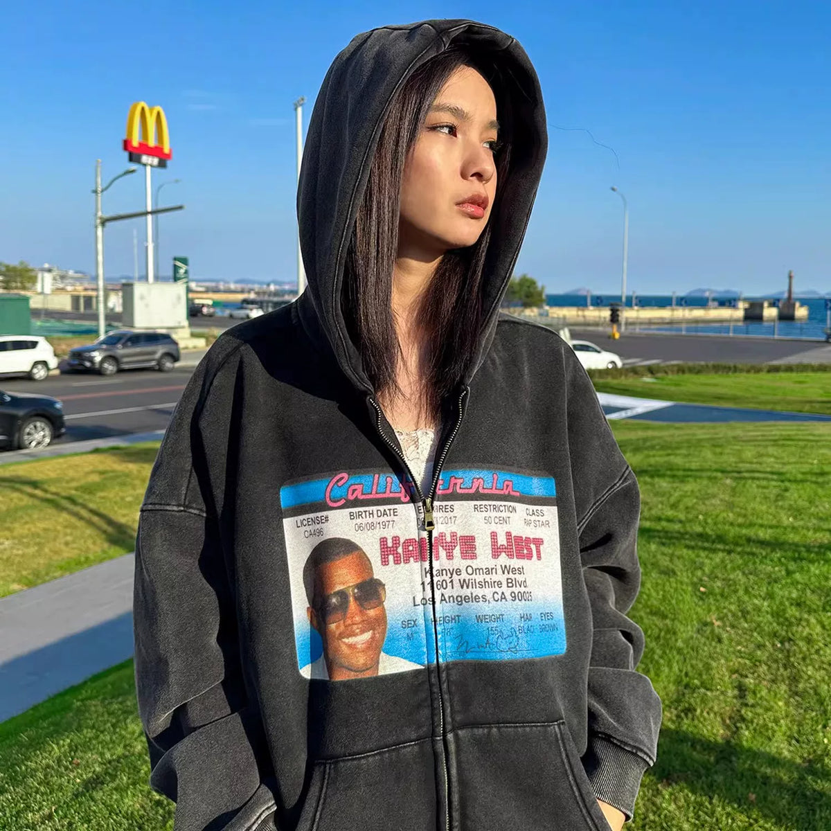 Unisex Kanye Y2K Washed Distressed Zip-Up Hoodie