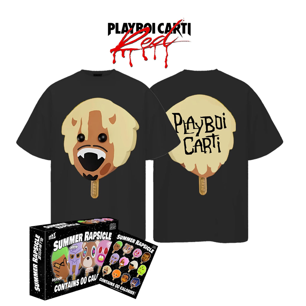 Black Summer Rapsicle T-Shirt with Carti popsicle graphics, front and back