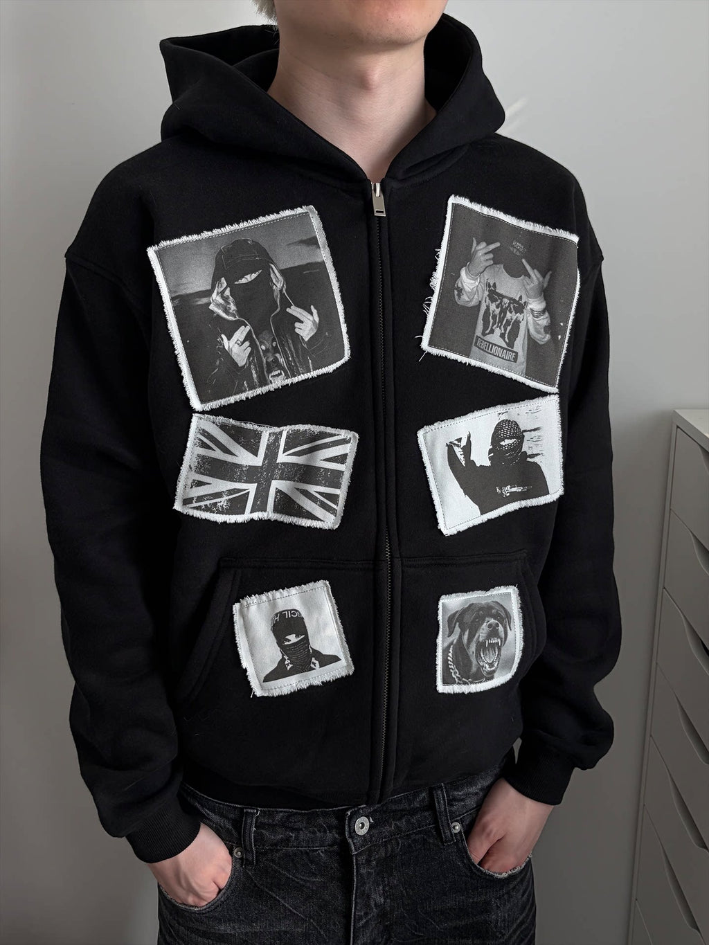 Unisex Vintage Y2K Portrait Patchwork Fleece Cardigan Hoodie